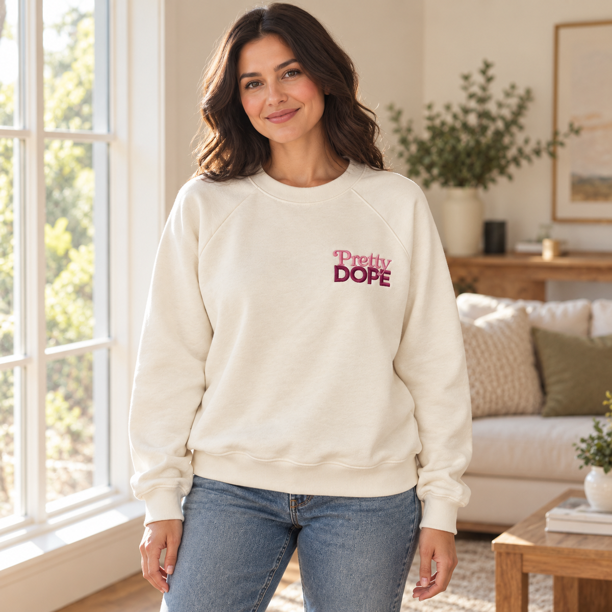 Pretty Dope Embroidered Crewneck Sweatshirt — Cream